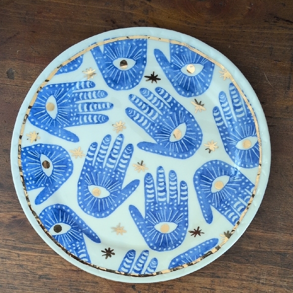 by ANTHROPOLOGIE I Insight Stoneware Plate Hamsa Blue Gold Hand Eye Pattern - Picture 5 of 12